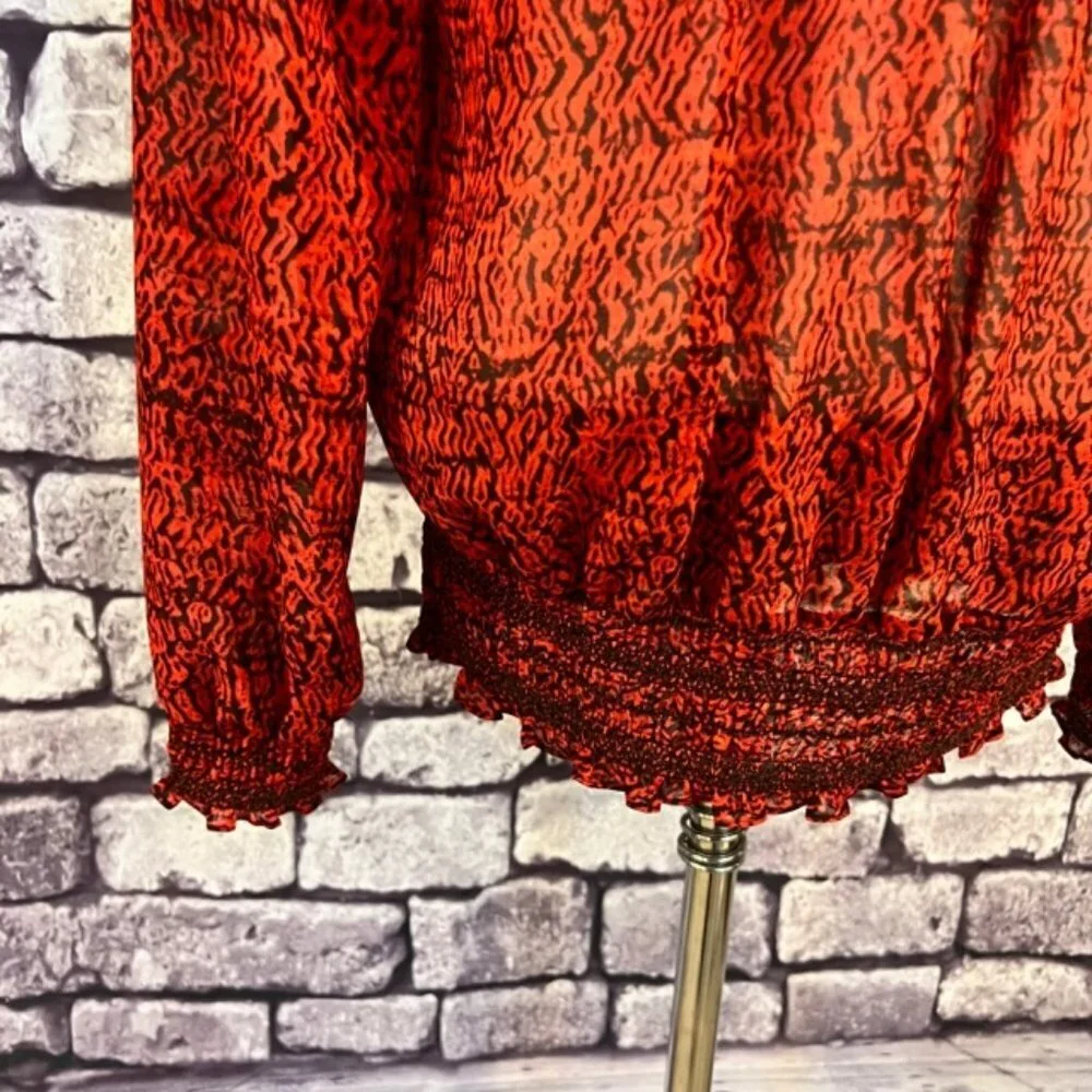 Michael Kors Red & Black Semi Sheer Long Sleeve Blouse Size M